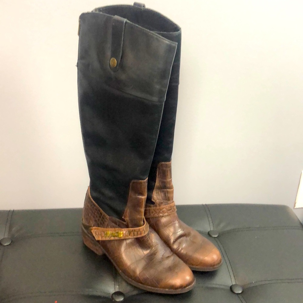 Sam Edelman Juliana Women's Riding Boots Size 8 Embossed Leather Black Brown